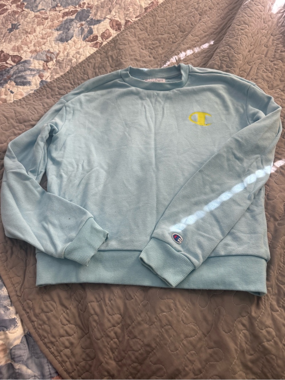 Champion Pale Blue Crewneck Sweatshirt with Yellow Logo